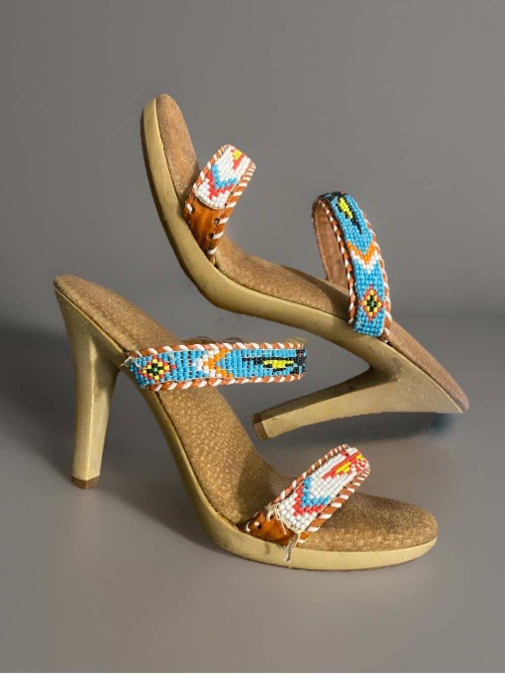 Vintage Beaded Native American Style High Heel Sandal Shoes